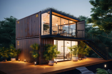 Night view of modern container house with warm lighting and greenery