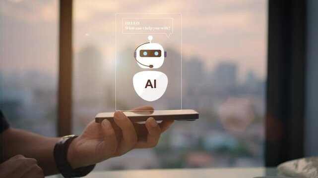 Chatbot Ai Artificial Intelligence technology concept.Man Hands holding mobile phone on blurred urban city as background