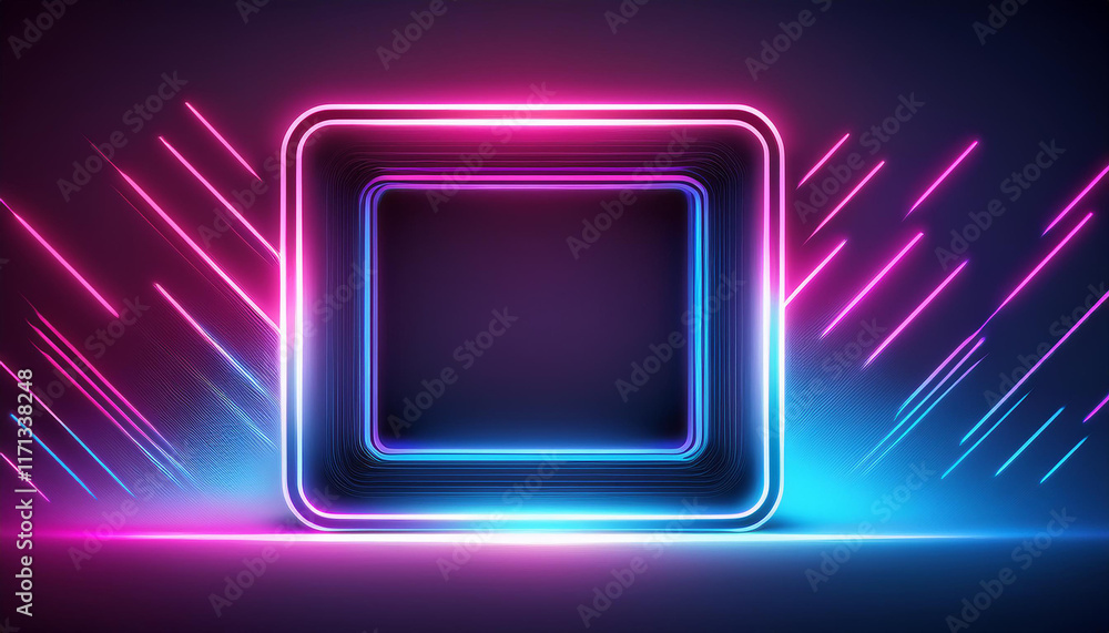 Poster glowing square with pink and blue neon lights. abstract frame with rounded corners. 3d render.
