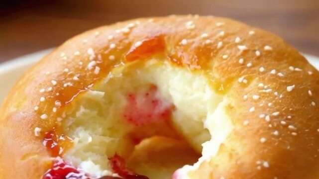 A golden donut with a bite revealing raspberry jam spilling slowly under warm and natural lighting