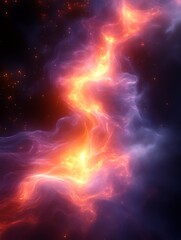 Abstract fiery nebula swirls in space.
