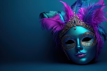 Vibrant blue feathered carnival mask on dark backdrop