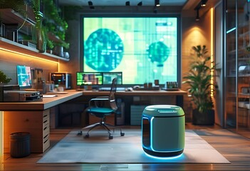 office, workspace, robotic assistant, modern design, ambient lighting, furniture, productivity, innovation, collaboration, technology, colorful, contemporary, interior, plants, desk, chair, computer, 