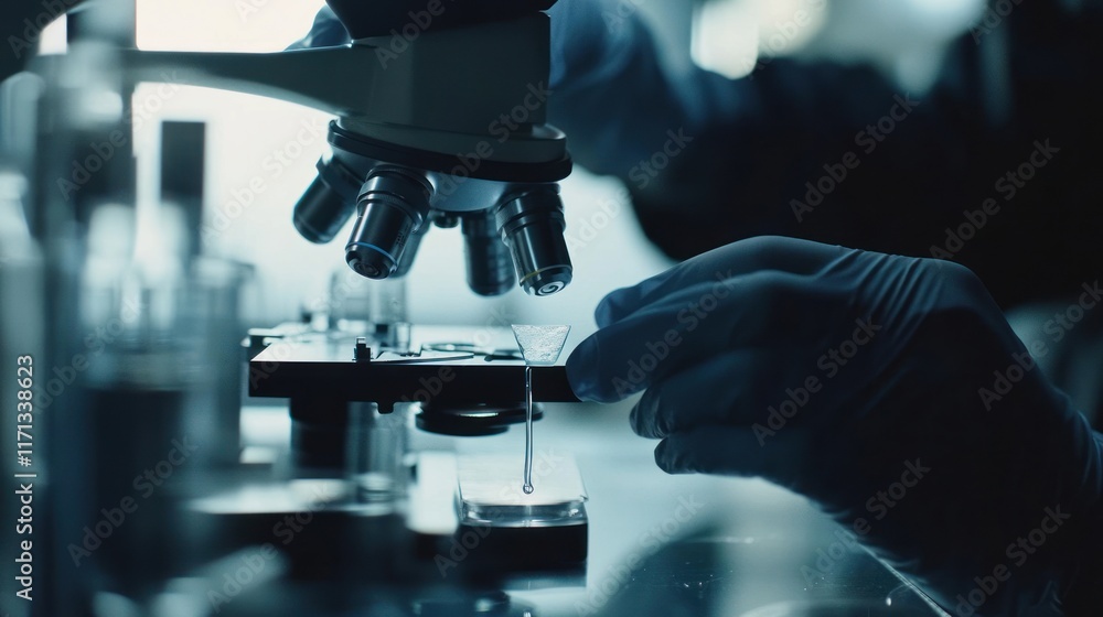 Poster a laboratory scene showing a microscope and a scientist preparing a sample.