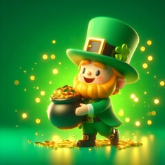 Happy cartoon 3d leprechaun holding a pot of gold surrounded by gold on a glowing green background. St. Patrick's Day concept