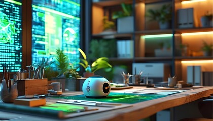 A sleek office workspace featuring a robotic assistant, contemporary furniture, and colorful ambient lighting creates an inspiring environment for collaboration and creativity.