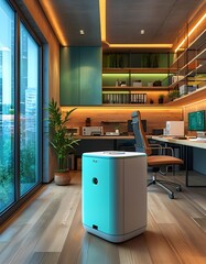 A sleek office workspace featuring a robotic assistant, contemporary furniture, and colorful ambient lighting creates an inspiring environment for collaboration and creativity.