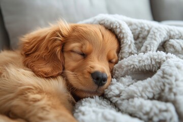 Adorable golden puppy peacefully sleeping, nestled under a soft gray blanket on a couch. The image highlights the tranquility and comfort of a napping dog in a cozy setting.
