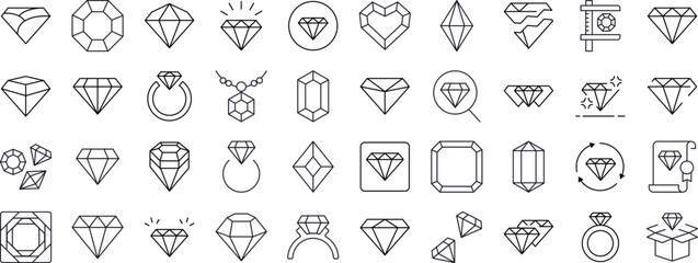 Bundle of Jewelry Related Line Icons. Diamond and Gem Outline Signs for Graphic and Web Design, Apps, Adverts, Various Cards