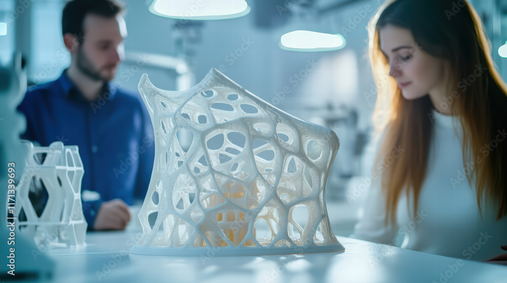 Aufkleber team of engineers examines 3d printed project, showcasing innovative design and technology. intricat