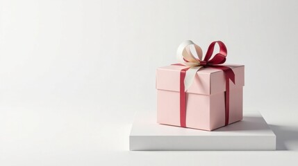 Obraz premium A pink gift box with a burgundy and cream ribbon sits atop a pristine white platform.