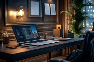 Laptop on dark wood desk in modern home office at night.