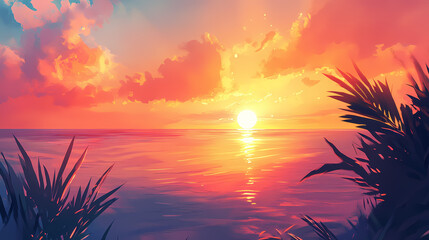 Radiant sunrise over calm ocean: stunning golden rays reflecting on tranquil waters. Twilit. Illustration