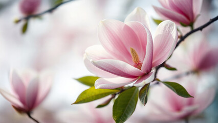 Pink magnolia blossoms.  Spring background. Selective focus. Space for text.