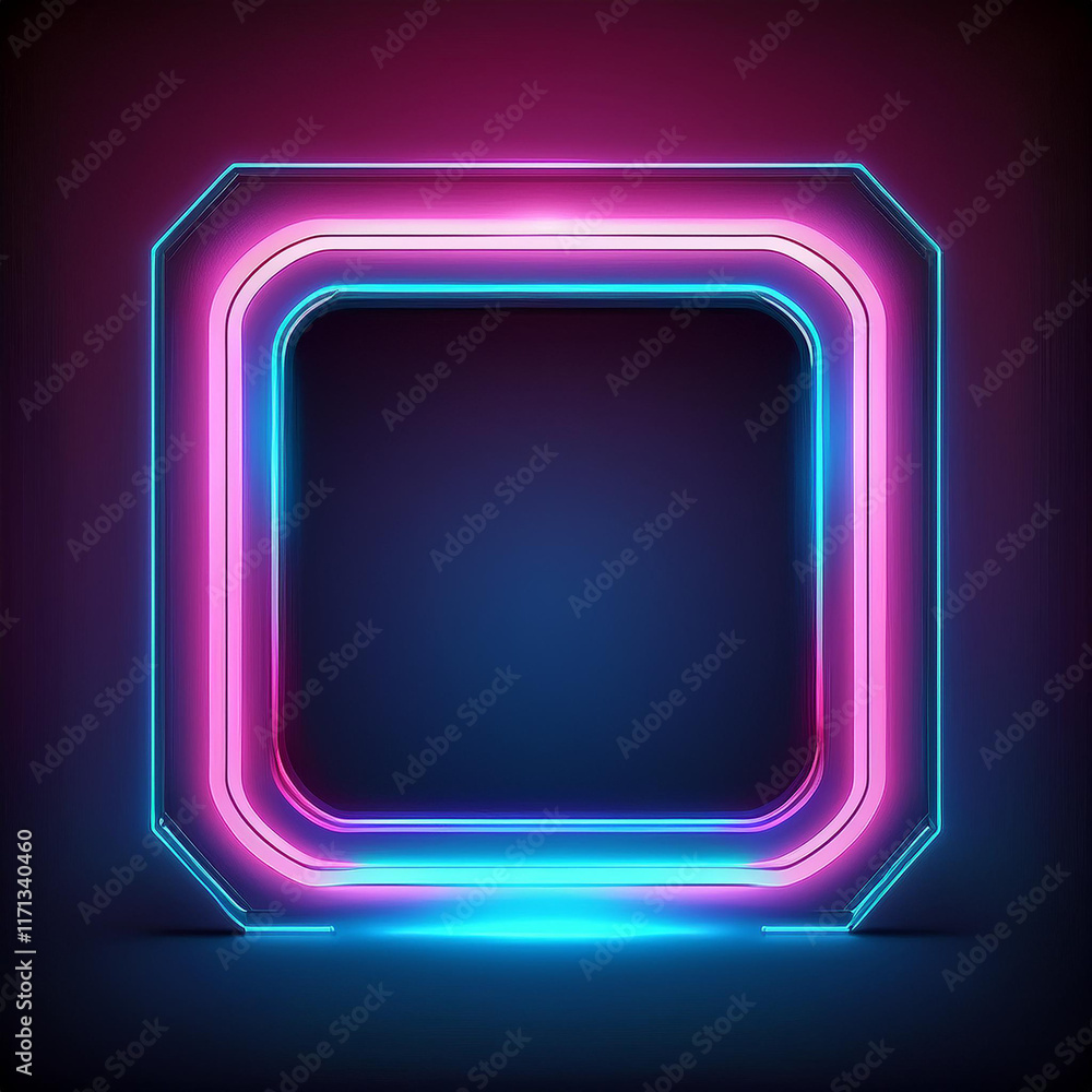 Poster glowing square with pink and blue neon lights. abstract frame with rounded corners. 3d render.