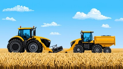 Obraz premium Two Yellow Tractors Working in Golden Field Under Blue Sky