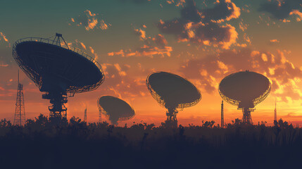 Silhouettes of four large radio telescope dishes against the backdrop of an evening sky with clouds, with one dish in focus and three more blurred behind it generative ai. Twilit. Illustration