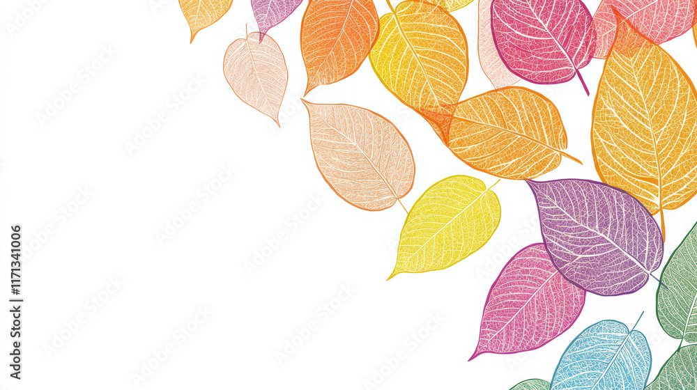 Poster vibrant leaf pattern in various colors on white background, creating cheerful and lively atmosphere.