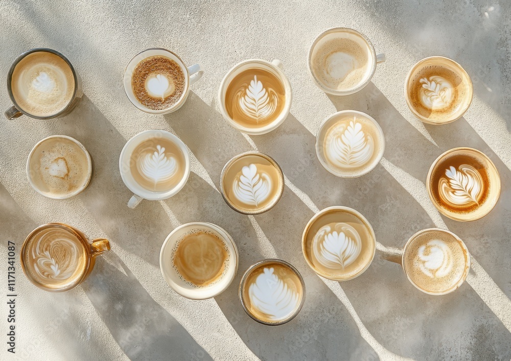 Poster a stunning array of coffee cups featuring intricate latte art designs on a light background capturin