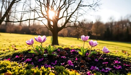 Purple Tulips Blooming in Spring Sunlight