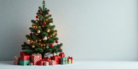 A Decorated Festive Evergreen Tree with Presents at its Base Against a Light Grey Wall