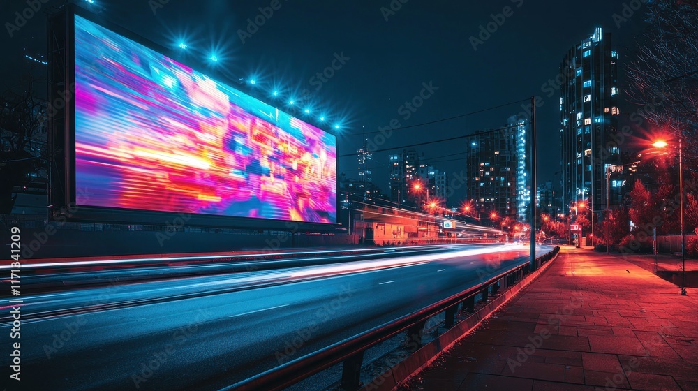 Poster a dynamic digital ad displayed on a large urban billboard screen with neon lights.