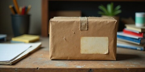 Fototapeta premium A rustic brown package awaits delivery on a wooden desk, surrounded by stationery and books