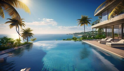 Fototapeta premium Panoramic View from a Luxurious Exotic Hotel Resort, Offering a Breathtaking Vista of Sparkling Waters, Tropical Landscape, and Serene Skies, Perfect for Luxury Travel, Vacation, and Hospitality Conte