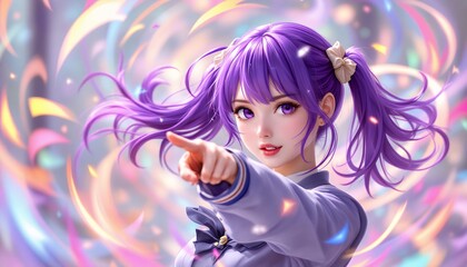 Fototapeta premium Enchanting Purple-Haired Anime Girl Pointing
