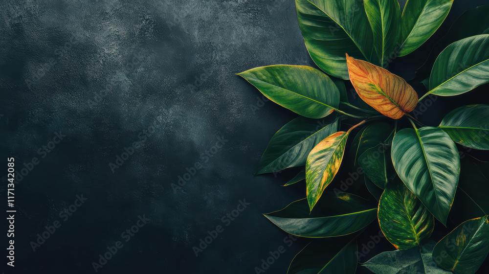 Poster colorful leaves on dark surface create inviting space for relaxation and creativity. vibrant greens 