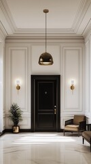 Fototapeta premium Modern Residential Foyer with Black Door, Gold Lighting, and Marble Floor