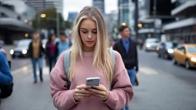 a woman walking on a city street holding a phone and looking at it. The image represents social media addiction, mobile device usage, and wireless data transfer concepts.