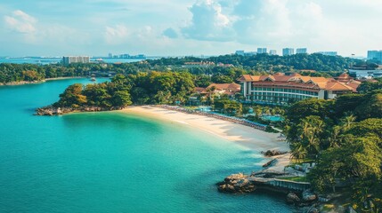 Fototapeta premium Panoramic view of a tropical beach resort with turquoise water, white sand, and lush green hills.