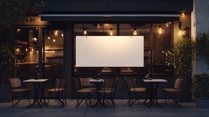 Blank Signboard Outside Nighttime Restaurant Display
