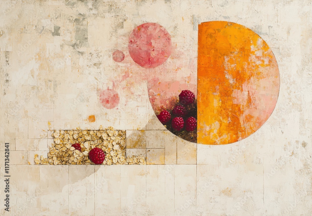 Poster abstract composition featuring geometric shapes and raspberry elements on a textured background with