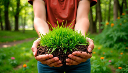Happy person holding a clump of soil with grass in a lush garden