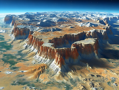 Aerial view of a vast, desolate canyon with snow-capped peaks and reddish-brown rock formations under a partly cloudy sky.