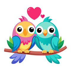 Fototapeta premium Cute cartoon lovebirds, colorful parrots vector illustration