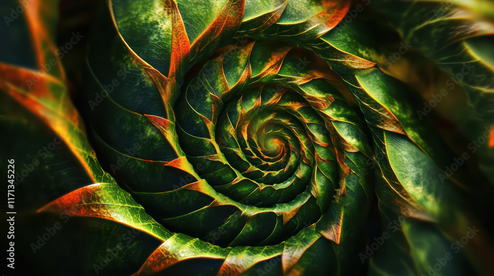 Poster spiral pattern of green leaves with vibrant orange edges, creating mesmerizing and inviting space fo