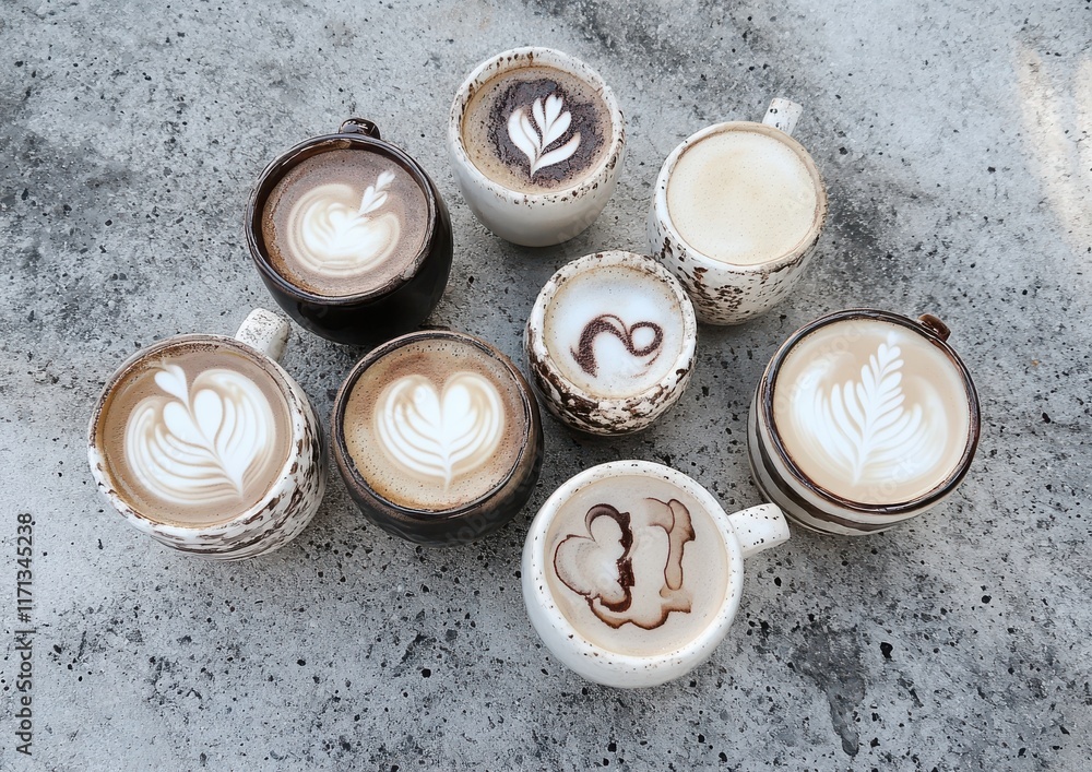 Poster artful display of assorted coffee cups featuring intricate latte art designs in variety of shades an
