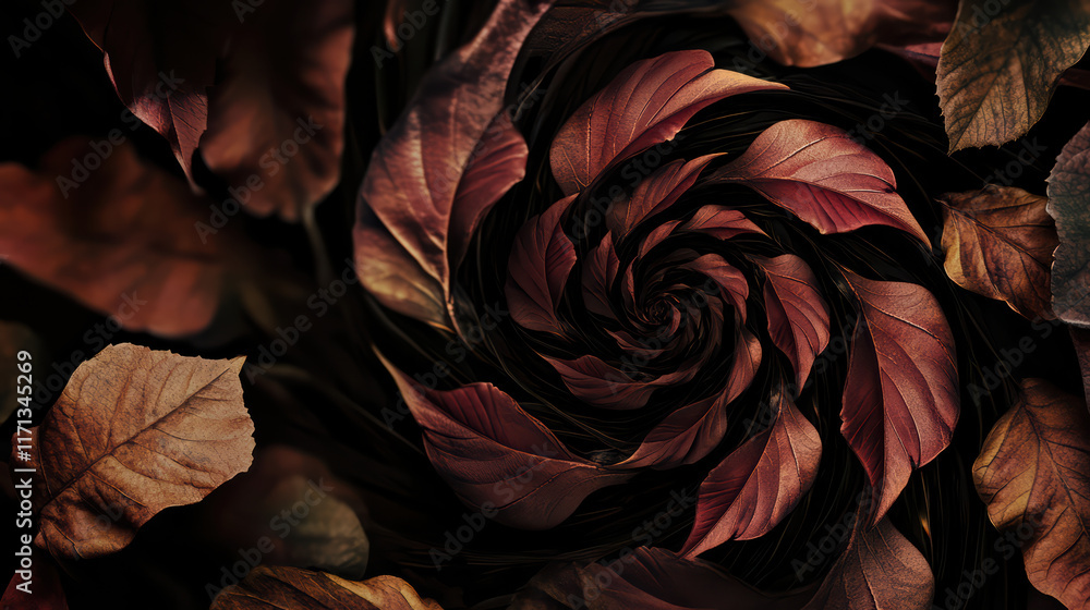 Poster swirling leaves create mesmerizing spiral pattern, inviting contemplation and creativity. rich color