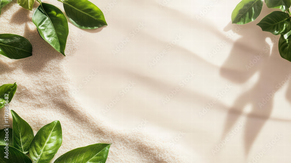 Poster lush green leaves on sandy beach background create serene atmosphere, perfect for relaxation and tra