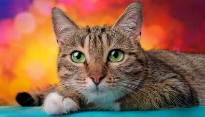 tabby cat with captivating green eyes lounging against a colorful abstract background showcasing its detailed fur and serene expression