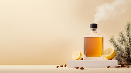 Product photography of a whiskey bottle accompanied by lemons and ice, highlighting a refreshing and sophisticated beverage arrangement in a professional studio setting.
