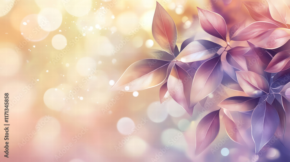 Poster soft leaves with bokeh effect create dreamy atmosphere, blending pastel colors and gentle light. thi