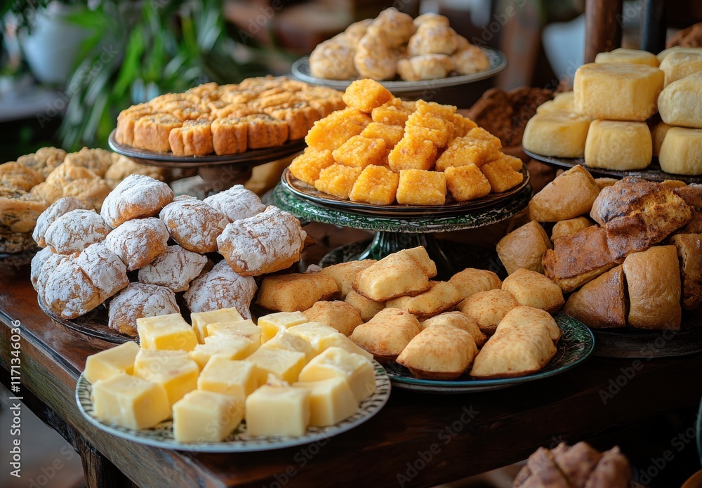Aufkleber assorted freshly baked pastries and sweets on display at a rustic bakery showcase with various textu