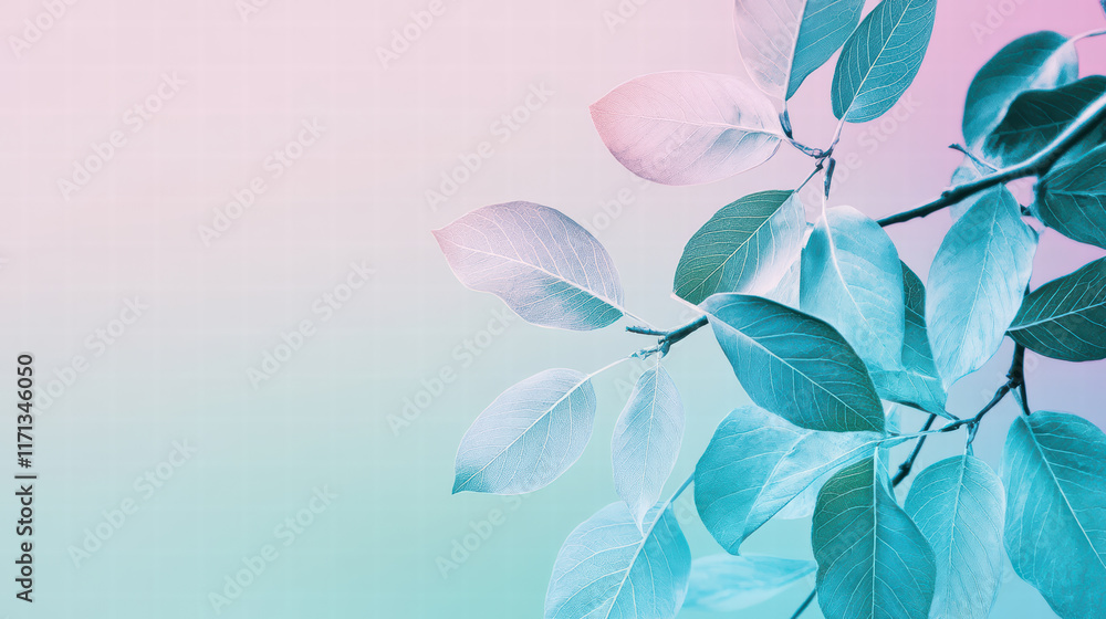 Poster leaves with gradient background create serene atmosphere, perfect for text overlay. soft colors enha