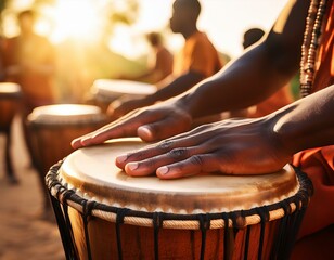 close up of hands playing african drums outdoors with sunlight