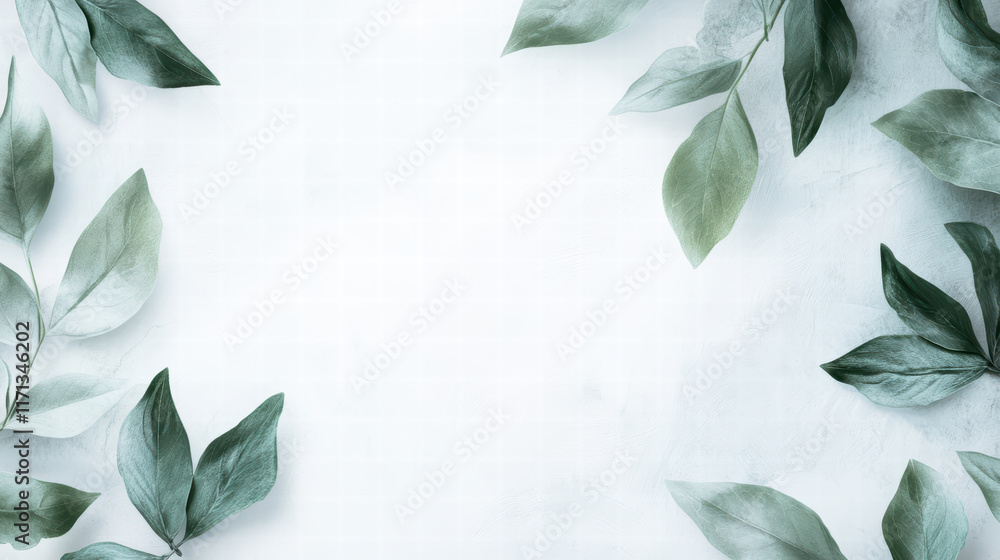 Poster soft green leaves frame serene, inviting space, perfect for adding text or graphics. gentle hues cre