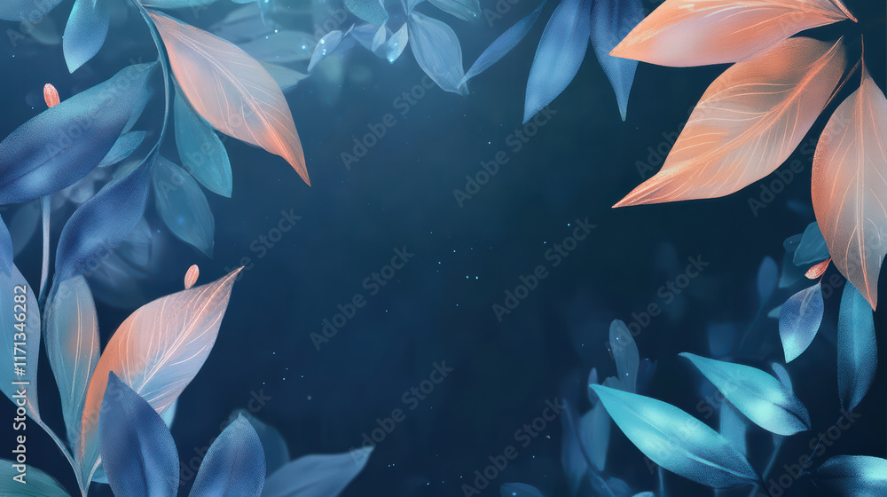 Poster serene composition of leaves with soft glow, creating inviting space for text. blend of blue and ora